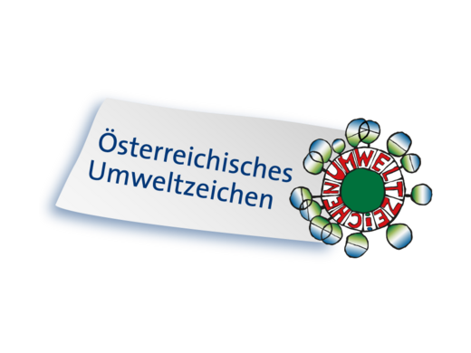 Nachhaltig – natürlich! Österreichisches Umweltzeichen mit grünem Mittelpunkt und Blättern